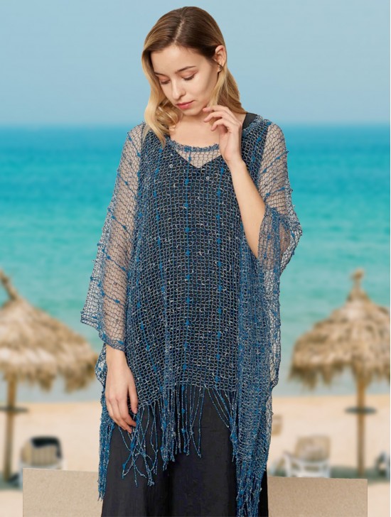 Crochet Knit Sleeved Top with Fringe